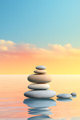 Fototapeta na wymiar Balanced Pebble Stacks: Minimalistic Beach Harmony
