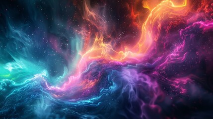 A 3D render of an abstract energy field, pulsating with vibrant colors against a dark void. Dynamic streams of light intertwine, creating a mesmerizing spectacle of neon blues, greens, and purples - obrazy, fototapety, plakaty