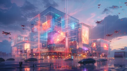Fototapeta premium A 3D render of an abstract, futuristic cityscape at night, illuminated by neon lights and digital billboards with transparent glass structures and floating vehicles