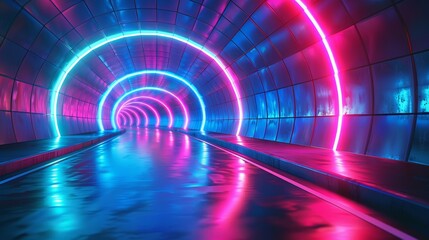 A 3D render of an abstract, neon-lit tunnel with dynamic, flowing lines that guide the eye through a futuristic journey
