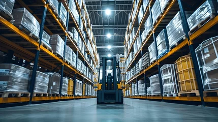 Foto op Plexiglas Forklift truck in warehouse of a large commercial modern furniture and goods storage business industry, with workers moving boxes on forklifts to shelves. © HillTract