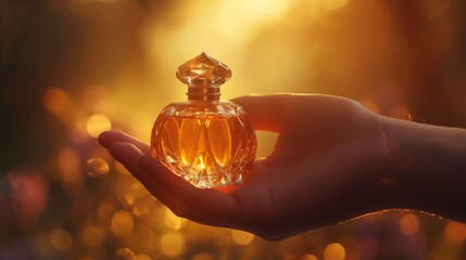 Close-up of a hand delicately holding an elegant bottle of perfume, with soft out-of-focus yellow light in the background - obrazy, fototapety, plakaty