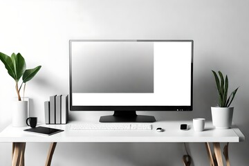 mockup computer blank screen on a white table with white background