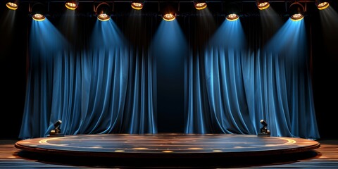 Podium for performance in a theater or concert hall with a fabric curtain and spotlight on a...