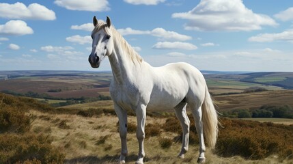 A white horse stands in a field with a blue sky in the background. The horse is the main focus of the image, and it is looking towards the camera. Concept of calm and tranquility