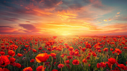 Fototapeta na wymiar A breathtaking sunrise casting warm hues over a field of blooming red and orange poppies