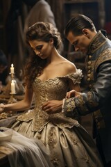 Costume designers fitting actors with elaborate period costumes for a historical drama