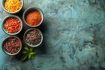 A top view of colorful bowls filled with various types of food and spices, top view, copy space
