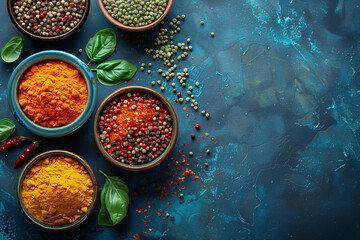 Collection of different types of spices in colorful bowls, top view, copy space