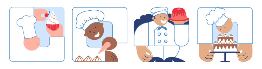 Chef is holding cake and cream dispenser, decorates cupcake and pastry. Confectioner cooking. Culinary. Cake baker. Set. Simple geometric sketch vector illustration