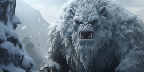 Fantasy image of a yeti creature in the snowy forest.