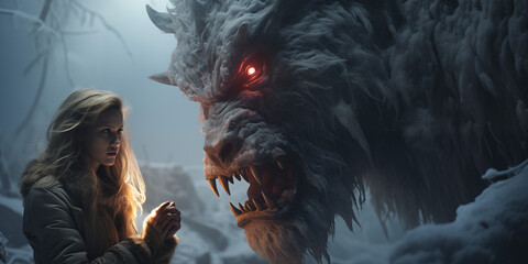Fantasy image of a yeti creature in the snowy forest.