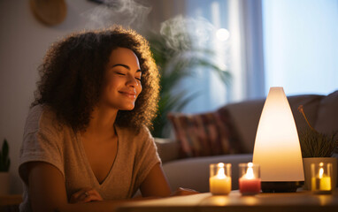 Young african american woman enjoying aromatherapy and humidifier on cozy evening by candlelight, wellness at home