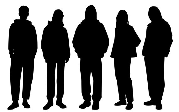 Vector silhouettes of  men and women, a group of standing business people, students in hoodie, profile, black  color isolated on white  background