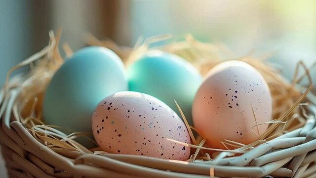 A basket of Easter eggs is surrounded by flowers and leaves 4K motion