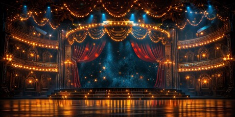 Obraz premium Podium for performance in a theater or concert hall with a fabric curtain and spotlight on a luxurious background.