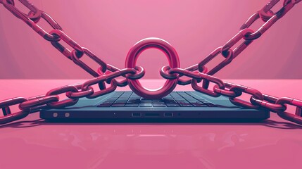 Flat illustration depicting a security center with a lock and chain around a laptop, symbolizing data security measures and protection. - obrazy, fototapety, plakaty