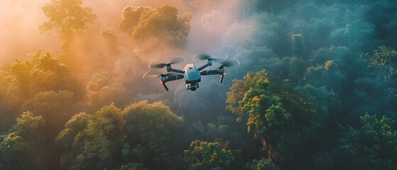 Drone Aerial Flight Overtop Trees  with Early Day Fog