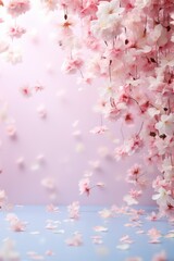 Delicate pink cherry blossoms in full bloom against a soft pink background