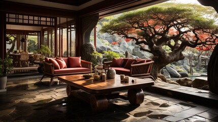 Fototapeta premium Japanese style living room with a view of a Zen garden