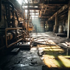 Desolate and eerie factory building with broken windows and rusted equipment