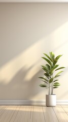 Large potted floor plant in front of a beige wall