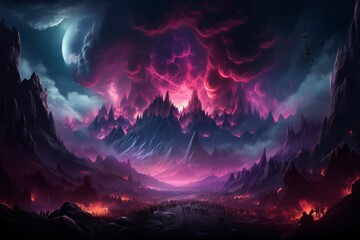Fantasy landscape with dark mountains and a glowing moon - obrazy, fototapety, plakaty