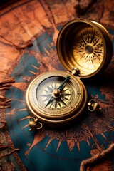 Fototapeta na wymiar A golden compass sits on top of an old world map.