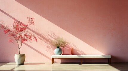 Sunlight shining through a window onto a pink wall, with a potted plant and a bench