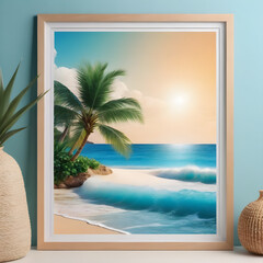 Frame mockup featuring fresh beach as background with white sand and crystal blue sea.
Generative AI.