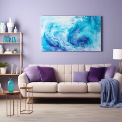 Blue and white abstract painting hanging above sofa in living room
