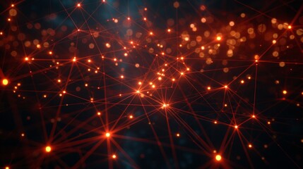 Glowing orange and red plexus of interconnected nodes and lines on a dark blue background