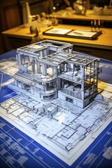 A 3D model of a house on top of a blueprint