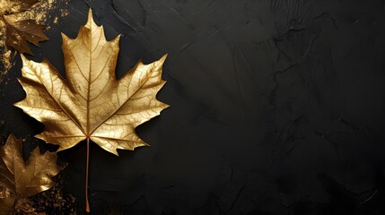 Gold maple leaf on a black background with copy space for your text,