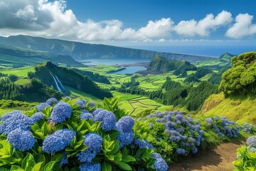 Scenic view of Flores island in the Azores, Portugal - obrazy, fototapety, plakaty