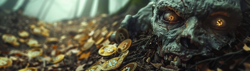 Zombies eagerly clawing their way through the dense forest eyes fixed on the gleaming cryptocurrency coins scattered ahead. - obrazy, fototapety, plakaty