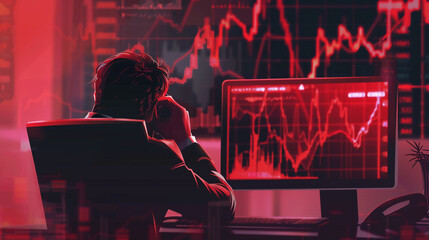 Stress Business man look at the Computer Screen, The red crashing market volatility of crypto trading with technical graph and indicator, Created with Generative AI - obrazy, fototapety, plakaty
