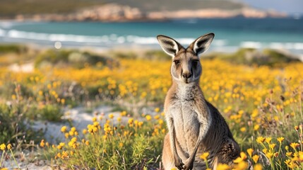 Kangaroo in the wildflowers and the beach, with yellow wildflowers and white sand, sunny day, golden hour lighting, Western Australian coastal landscape background,