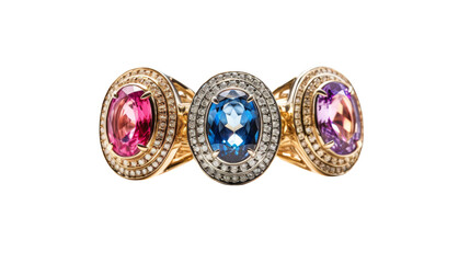 A ring featuring three distinct, vibrant stones in various colors