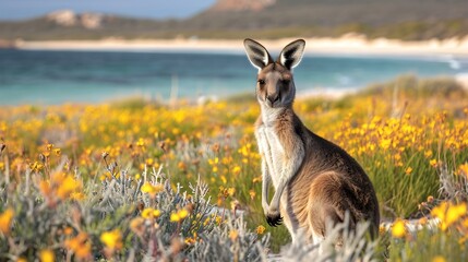 Kangaroo in the wildflowers of California's West connected to the beach, with yellow wildflowers...