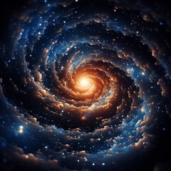 An illustration of a spiral galaxy with a bright center and a starry background - obrazy, fototapety, plakaty