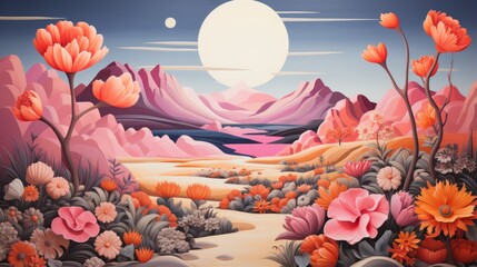 Pink flowers and plants with a large moon in the background