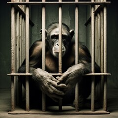portrait of a chimpanzee in a cage