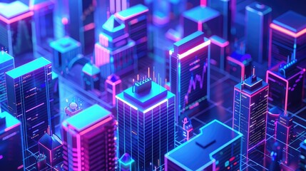 Three-dimensional 3D scene of the future neon financial district with glowing skyscrapers - obrazy, fototapety, plakaty