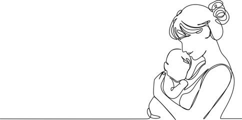 continuous single line drawing of mother holding her newborn baby, line art vector illustration