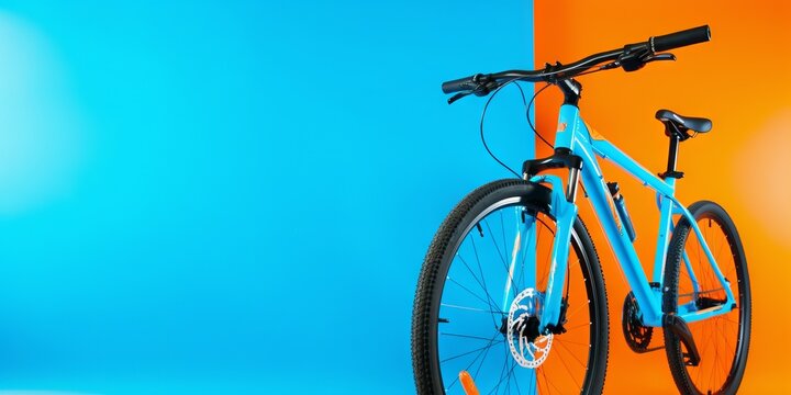 Cute bike with a basket of flowers. Banner with copy space. Concept: rental of transport for street walks, active recreation with the family in nature