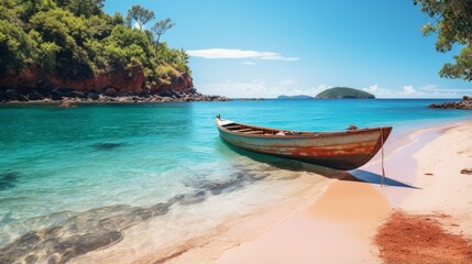Wooden boat on a tropical beach with white sand and clear blue ocean water and green trees