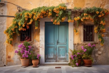 Fototapeta na wymiar Blue door with flowers