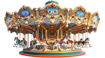 A whimsical merry go round spins gracefully against a clean white backdrop