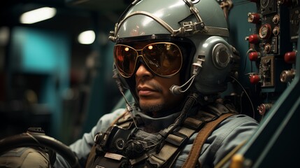 A pilot wearing a helmet and sunglasses sits in a cockpit. - obrazy, fototapety, plakaty